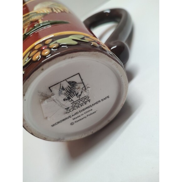 Kimberly Poloson MWW Market 16 oz. Coffee Mug Cup Embossed Rooster Red/Brown - Picture 4 of 4